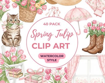 Pink Spring Clipart Watercolor Tulip Spring PNG Chic Spring Cottagecore Clipart Bundle Tulip Planner Clipart Sweet Spring Gift for Makers
