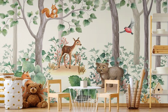 Safari Jungle Animals Wallpaper Backwoods Trees and Animals - Etsy