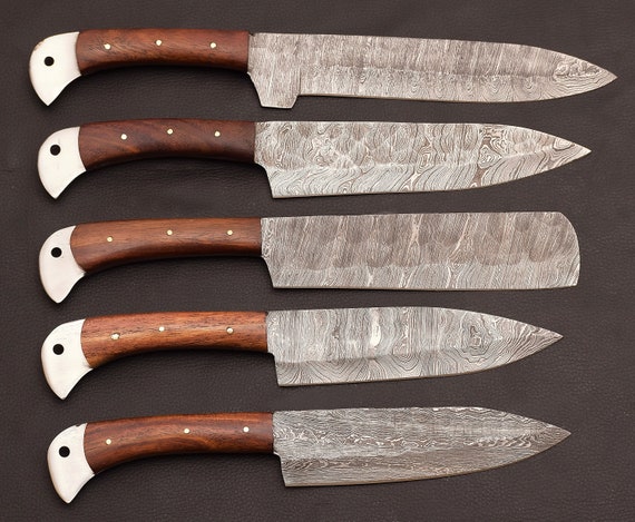 Custom Hand Crafted Forged Full Tang Damascus Steel Kitchen Knives Set of  5, Chef Knives, Gift Knives, Meat Cleaver Knives, Utility Knives 