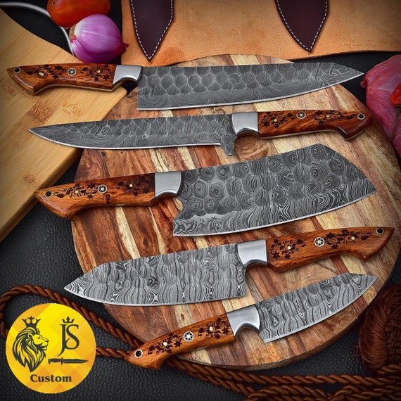 Custom Hand Crafted Forged Full Tang Damascus Steel Kitchen Knives Set of  5, Chef Knives, Gift Knives, Meat Cleaver Knives, Utility Knives 