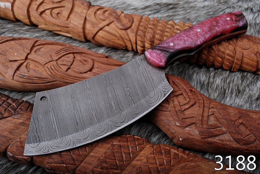 Custom made Damascus steel cleaver chopping knife with leather sheath