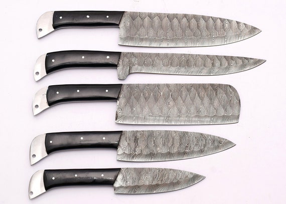 Custom Hand Crafted Forged Full Tang Damascus Steel Kitchen Knives Set of  5, Chef Knives, Meat Cleaver Knives, Utility Knives 