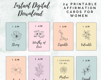 Printable Affirmation Cards for Women, 24 Printable Encouragement Cards, Mindfulness Cards for Women, Self-Love Gift