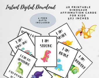 Printable Affirmation Cards for Kids, 28 Dinosaur Encouragement Cards, Daily Affirmations for Children, Positivity Cards, Mindfulness Cards