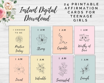 Printable Affirmation Cards for Teenagers, 24 Printable Encouragement Cards for Teen Girls, Daily Affirmation Cards, Mindfulness Card