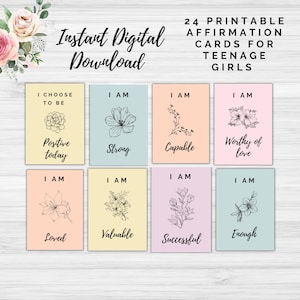 Cartes d'affirmation imprimables pour adolescentes, 24 cartes d'encouragement imprimables pour adolescentes, Cartes d'affirmation quotidiennes, Carte de pleine conscience