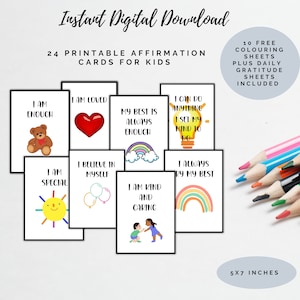 Ausdruckbare Affirmationskarten für Kinder, 24 druckbare Ermutigungskarten, Selbstliebe-Karten, tägliche positive Affirmationskarten für Kinder