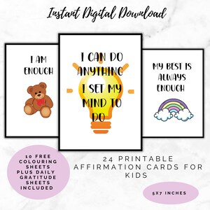 Cartes d'affirmation imprimables pour les enfants, 24 cartes d'encouragement imprimables, cartes d'amour de soi, cartes d'affirmation positives quotidiennes pour les enfants
