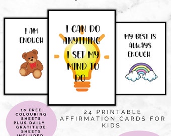 Afdrukbare bevestigingskaarten voor kinderen, 24 afdrukbare aanmoedigingskaarten, zelfliefdekaarten, dagelijkse positieve bevestigingskaarten voor kinderen