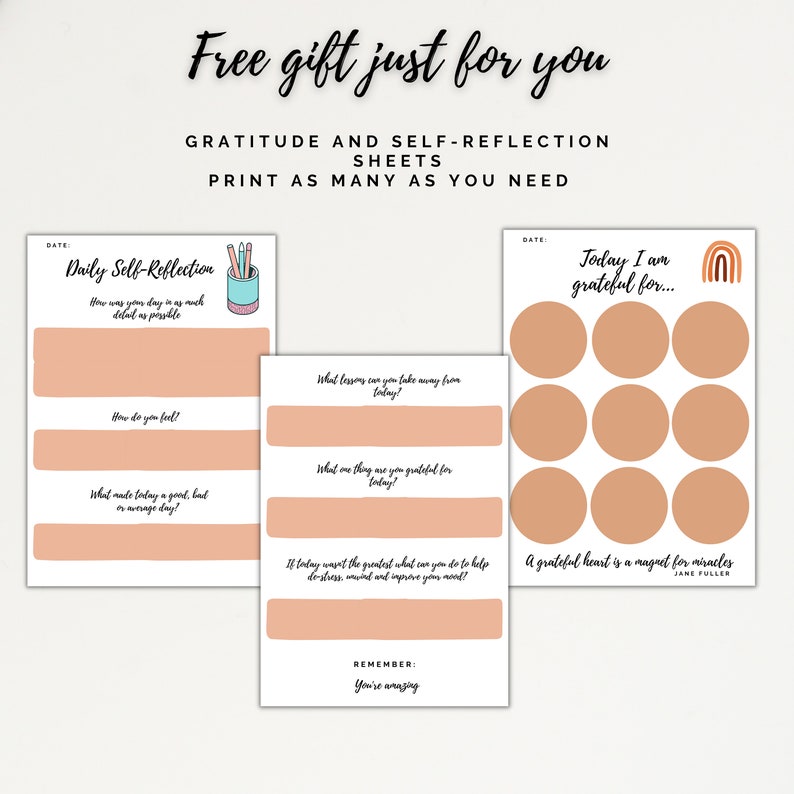 May include: Printable gratitude and self-reflection worksheets with a peach background. The first worksheet has a section for daily self-reflection with prompts like "How was your day?" and "What made today a good, bad, or average day?" The second worksheet has a section for gratitude with prompts like "What lesson can you take away from today?" and "What one thing are you grateful for today?" The third worksheet has a section for gratitude with the text "Today I am grateful for..." and nine circles to fill in. The text "A grateful heart is a magnet for miracles" is at the bottom of the worksheet.