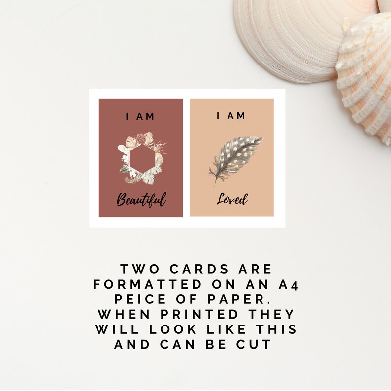 May include: Two printable affirmation cards with a brown and beige background. The first card features a hexagon shape made of dried flowers and the text "I AM Beautiful". The second card features a brown feather and the text "I AM Loved".