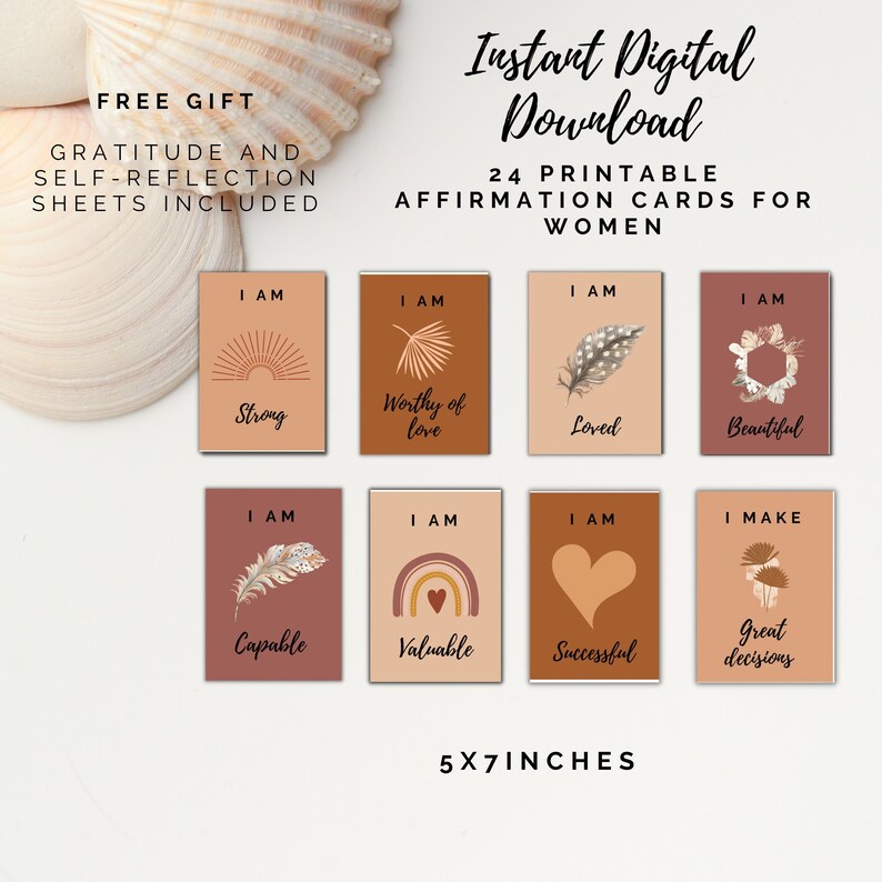 May include: Set of 24 printable affirmation cards for women. The cards feature a variety of illustrations in a boho style with neutral colors. The cards are 5x7 inches and include phrases like "I am strong", "I am worthy of love", "I am loved", "I am beautiful", "I am capable", "I am valuable", "I am successful", and "I make great decisions".