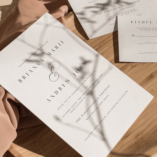 Conjunto de plantillas de invitación de boda minimalista, descarga de plantilla de invitación de boda elegante, conjunto de invitación editable, plantilla de invitación de boda