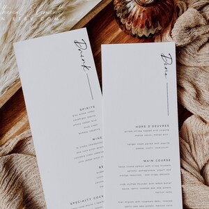 Modern Wedding Menu Template, 4x11&quot;, 4x9&quot; Minimalist Menu Wedding Sign Templett, Wedding Menu Printable Template