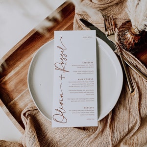 Modello di menu di nozze Boho, 4x9", Menu di nozze minimale, Templett, Modello stampabile di menu di nozze, Menu per cena di nozze con script moderno