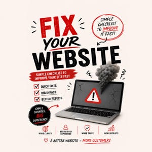 May include: A promotional graphic with the text "FIX YOUR WEBSITE" in red and black. A laptop with a cracked screen and a warning symbol is featured. The image includes a checklist for website improvement and icons representing benefits.