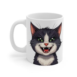 Tuxedo Cat Coffee Mug | Smiling Cartoon Kitty, Black and White