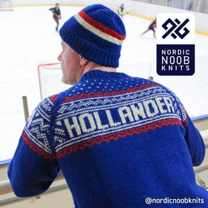 May include: A blue knit sweater and beanie with red and white accents. The sweater features the word "HOLLANDER" in white block letters. The beanie has red and white stripes. The image also includes the text "Nordic Noob Knits".