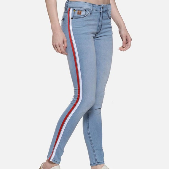 Light Blue Gifts for Her Side Stripe Jeans Denim Y2k Jeans - Etsy