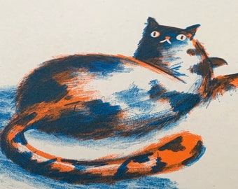 Riso Cat A4 | 2 colour risograph print | Orange and Blue | Animal Illustration | Pet Portrait by Chris Gilleard