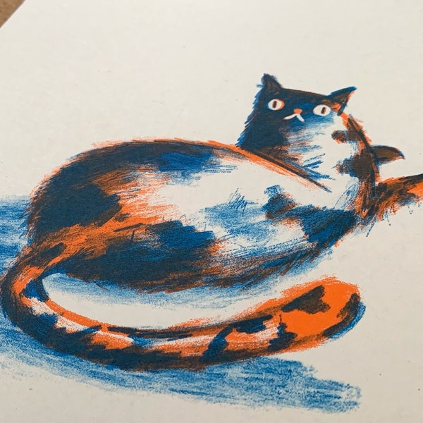 Riso Cat A4 | 2 colour risograph print | Orange and Blue | Animal Illustration | Pet Portrait by Chris Gilleard