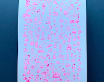 Riso Doodles A3 | Risograph Print, fluoreszierendes Pink, handgezeichnete Illustration, lustige Skizzenbuch-Doodles