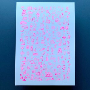 Riso Doodles A3 | Risograph Print, Fluorescent Pink, Hand-Drawn Illustration, Fun Sketchbook Doodles
