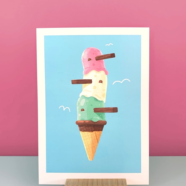 Ice Cream Seagulls A5 Print | Summer Vibes Illustration, Seaside Lover, Nature Theme, Pastel Palette, Funny Digital Art | Chris Gilleard