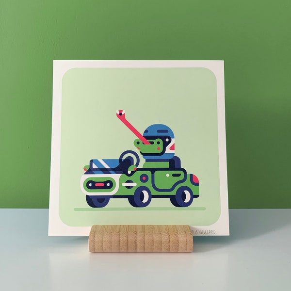 Frosch Go Kart | Tier Rennauto Illustration - Frosch fährt Auto Digitaler Kunstdruck - Niedlich lustig - Kinderzimmer Wandkunst | Chris Gilleard