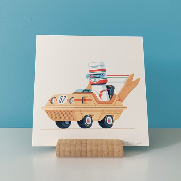 Möwe Rennauto | Digitaler Kunstdruck - Lustiges Tier fahrendes Auto Illustration - Kinder Wandkunst | Chris Gilleard