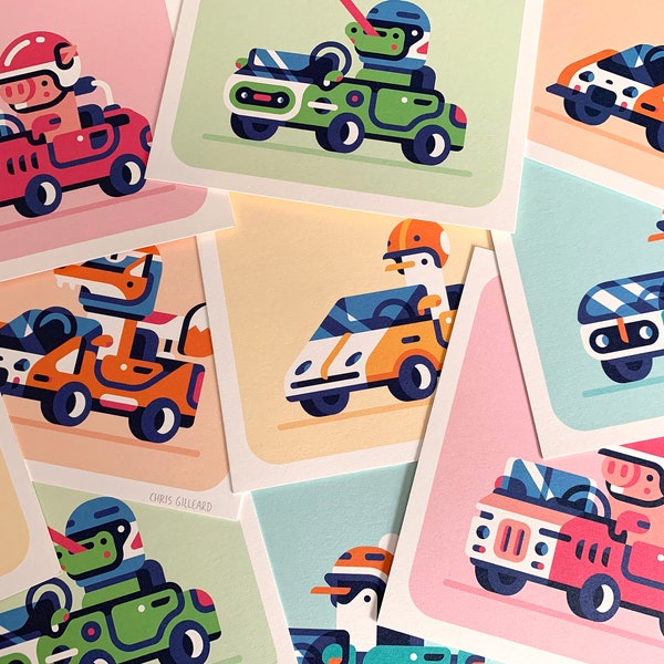 Animal Go Karts Mix & Match / Digital Art Print - Funny Animal Driving Car Illustration - Kids Wall Art / Chris Gilleard