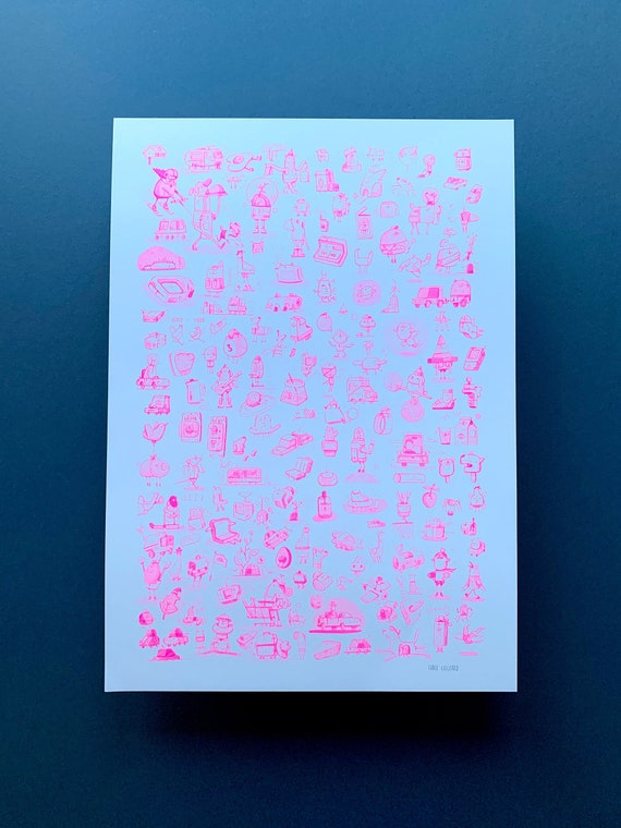 Riso Doodles A3 | Risograph Print, Fluorescent Pink, Hand-drawn
