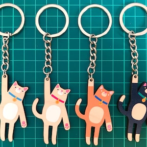 Dangling Cat Keyring - Wooden Keychain, Printed Bag Charm, Laser Cut, Pet Lover Gift, Cute Animal Drawing, Ginger Orange Black Cat, Kitten