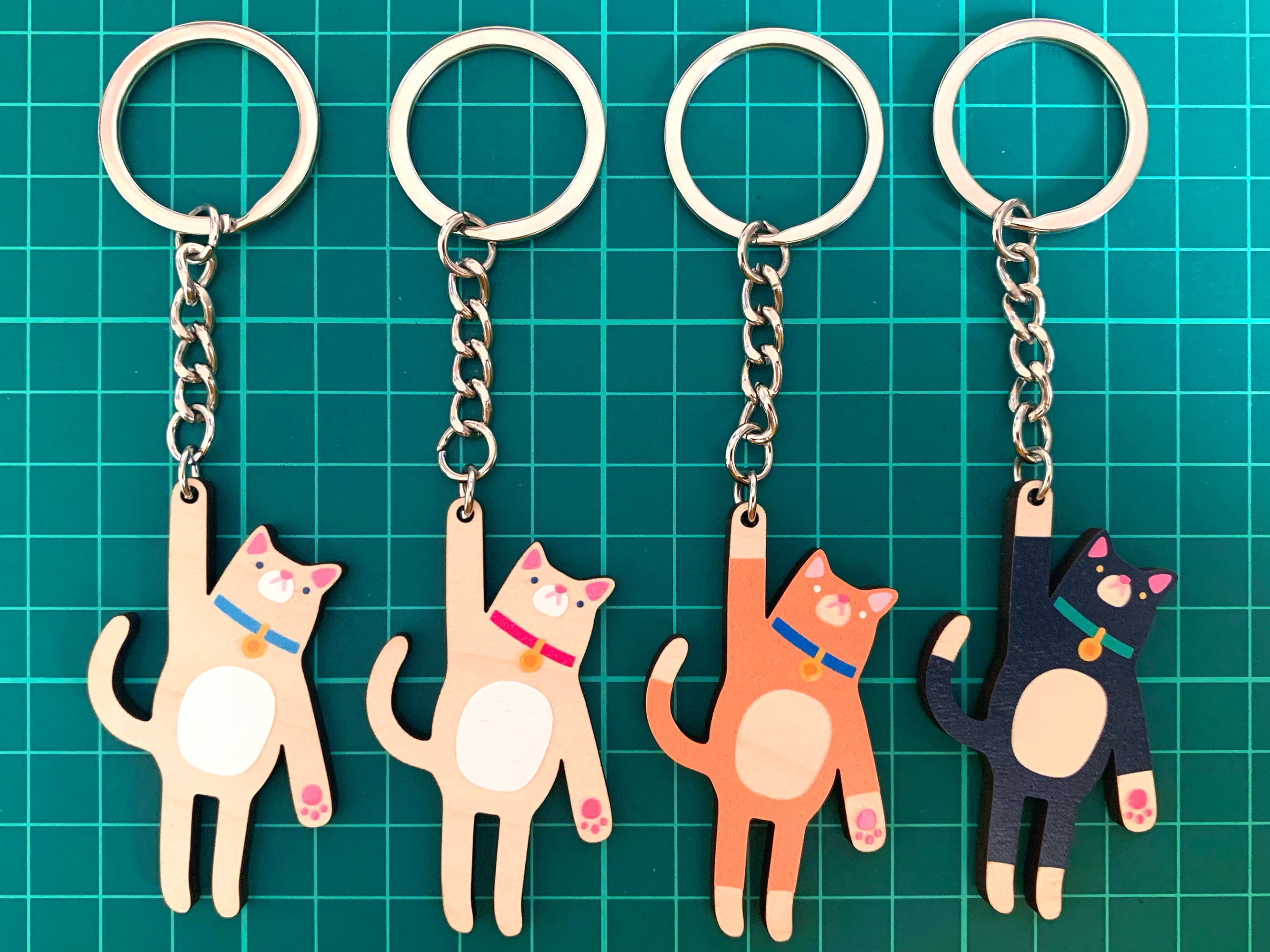 Dangling Cat Keyring - Wooden Keychain, Printed Bag Charm, Laser Cut, Pet Lover Gift, Cute Animal Drawing, Ginger Orange Black Cat, Kitten