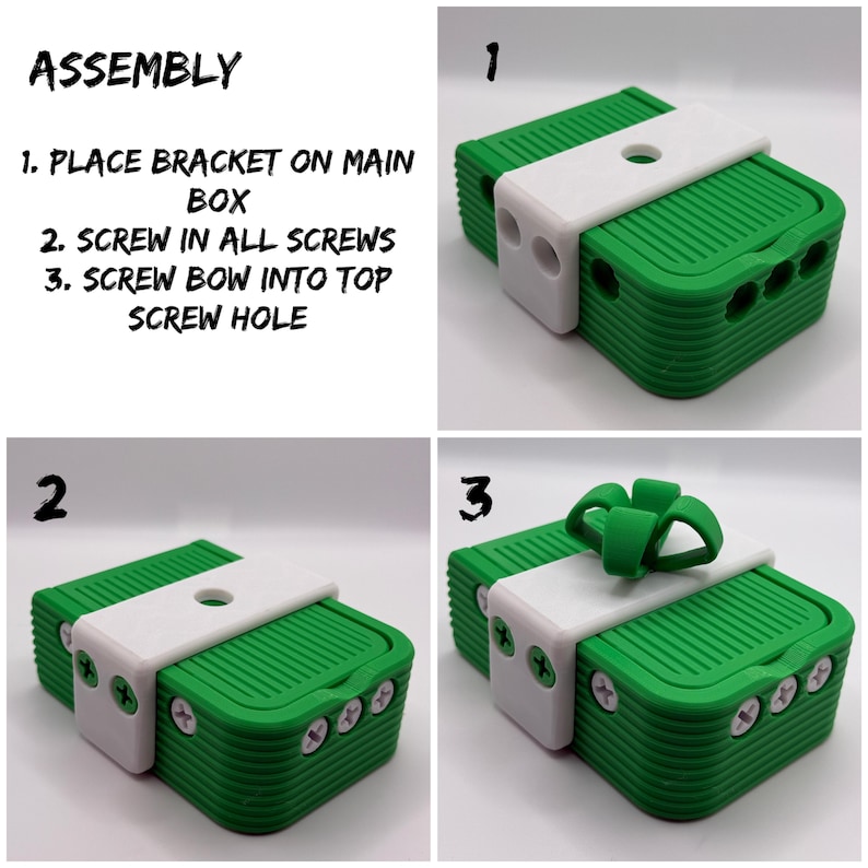 May include: Assembly instructions for a green and white box with a bow. The steps include placing a bracket, screwing in screws, and attaching a bow. The box has a ribbed texture and is assembled with screws.
