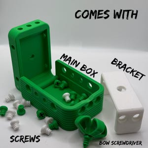 May include: A green main box with a white bracket, green and white screws, and a green bow screwdriver. The text "COMES WITH", "MAIN BOX", "BRACKET", "SCREWS", and "BOW SCREWDRIVER" are visible.