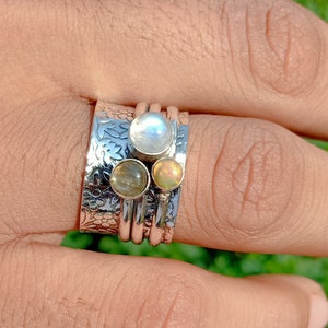 Spinner Ring, White Opal Spinner Ring, Moonstone Spinner Ring, Labradorite Spinner Ring, Three Stone Spinner Ring, 925 Sterling Silver, Gift