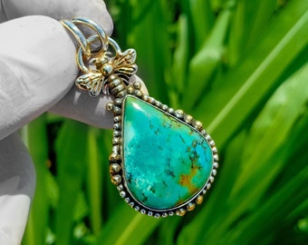 Turquoise, Turquoise Pendant, Turquoise Silver Pendant, 925 Sterling Silver, 18K Gold Plated Honey Bee, Turquoise Woman Pendant, Weeding