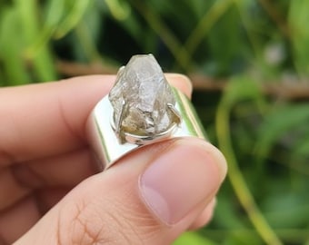 Anello Herkimer con diamante: anello in argento sterling 925, gioiello con cristallo di quarzo grezzo