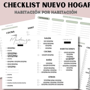 May include: A checklist for a new home, with sections for each room: Salon, Bathroom, Kitchen, and a section for other items. The checklist includes a list of items to purchase and a list of items to clean.