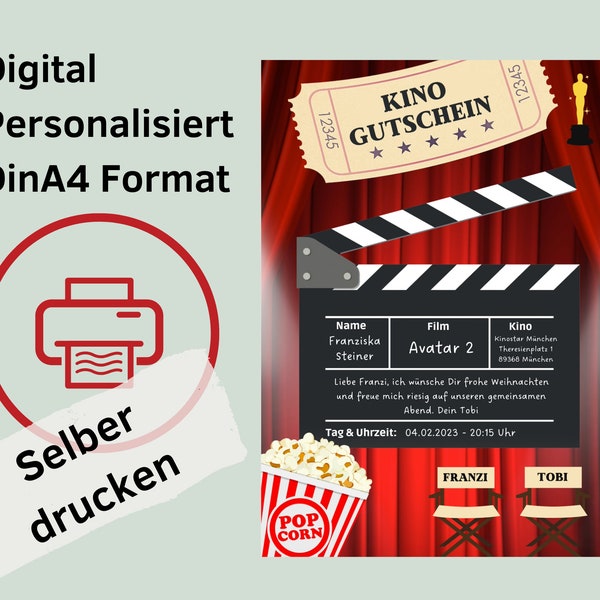 Kino Gutschein personalisiert zum drucken I Gutschein Kinoabend digital I Weihnachtsgeschenk Kino I Last Minute Weihnachtsgeschenk für Paare