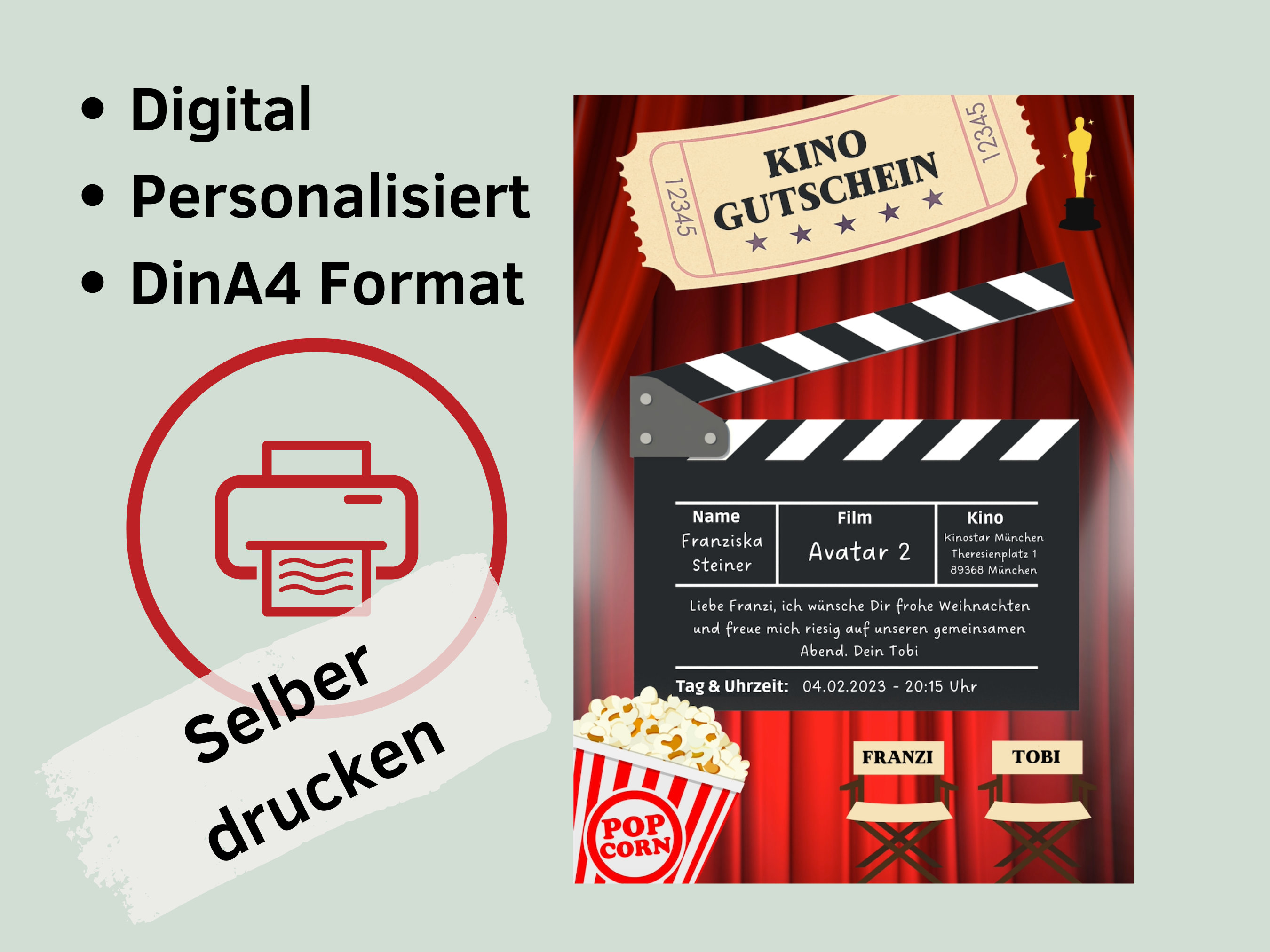 Kino Gutschein personalisiert zum drucken I Gutschein Kinoabend digital I  Weihnachtsgeschenk Kino I Last Minute Weihnachtsgeschenk für Paare