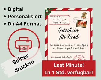 Gutschein Weihnachten zum DRUCKEN - Personalisiert I digital I Weihnachten Gutschein für Kinder I Last Minute Weihnachtsgeschenk