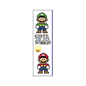 Pode incluir: Um marcador de página pixelado com os personagens Super Mario e Luigi. O marcador de página tem o texto "SUPER @lily MARIO" no meio.