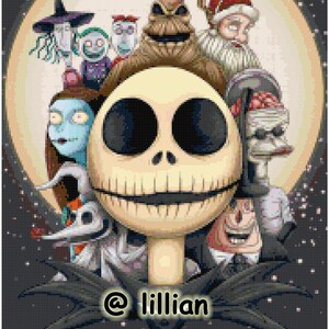 May include: A black and white illustration of characters from the movie The Nightmare Before Christmas. The characters include Jack Skellington, Sally, Oogie Boogie, and Santa Claus. The image is set against a dark background with white stars.