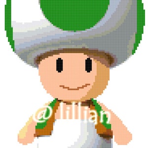 May include: Pixelated illustration of a character with a large white and green mushroom cap, brown vest, and brown shoes. The character has a smiling face and a white garment. The text "@lillian" is visible.