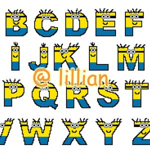 PDF CHARACTER Alpbahet Alphabets Alphabetical minion ABC Sampler Counted Cross Stitch Pattern Chart