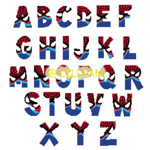PDF PERSONAJE Alfabetos Alpbahet Spiderman alfabético ABC Sampler Tabla de patrones de punto de cruz contado