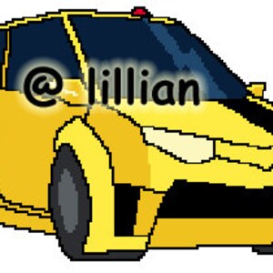 May include: A yellow cartoon car with black accents and a red light on top. The car has a black windshield and headlights. The car is facing forward.
