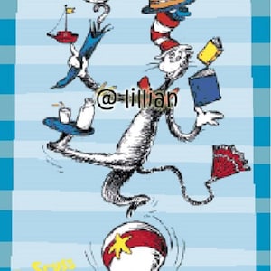 May include: Illustration from Dr. Seuss's "The Cat in the Hat" featuring the Cat balancing various objects. The Cat is white with a red bow tie and a striped hat. The image includes a red boat, a cake, and a ball.